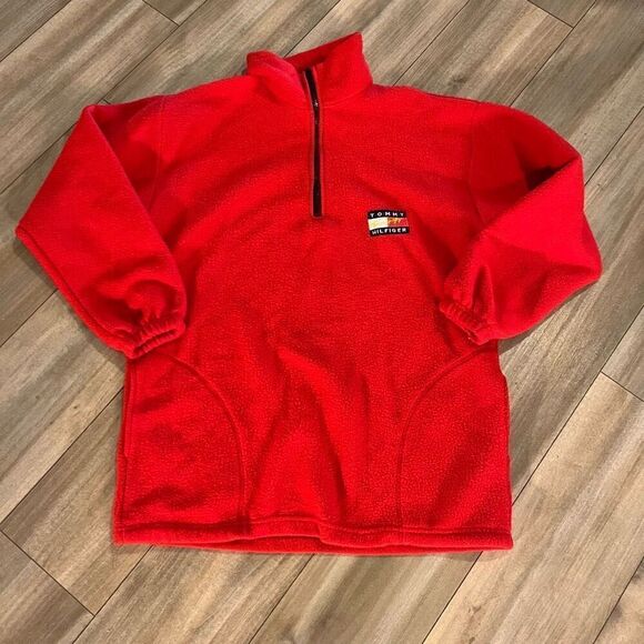 Vintage 90s Tommy Hilfiger Red Fleece Pullover Men XL - Picture 1 of 5